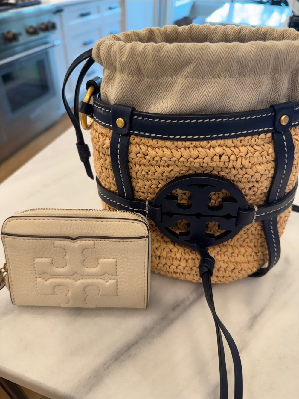 Tory Burch Navy Trim Straw Bucket Bag with Cream Card Case/Wallet